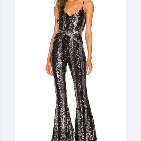 REVOLVE Pants - REVOLVE Black and Silver Striped Sequin Jumpsuit